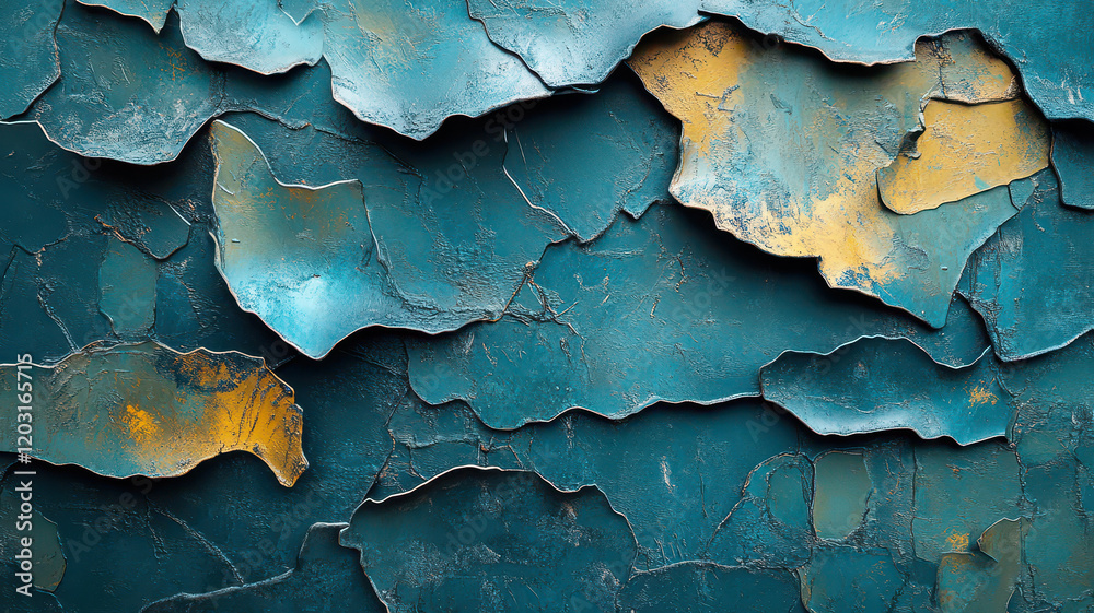 Artistic metal texture with layered blue and gold peeling paint, creating dynamic and creative abstract pattern. surface features mix of rough and smooth textures, adding depth and interest Artistic metal texture with layered blue and gold peeling paint, creating dynamic and creative abstract pattern. surface features mix of rough and smooth textures, adding depth and interest