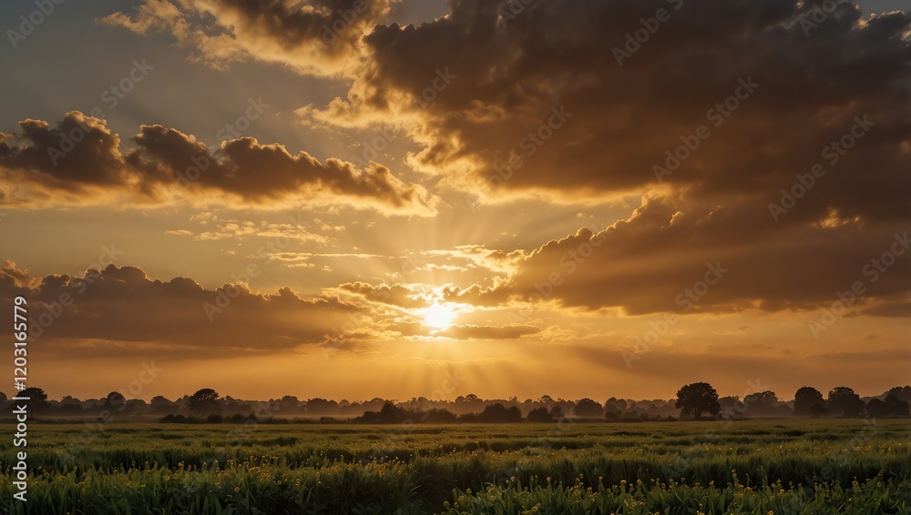 Sunset over the field . A warm, golden sunset view features layered clouds with sunbeams, hovering over a green field with small trees.