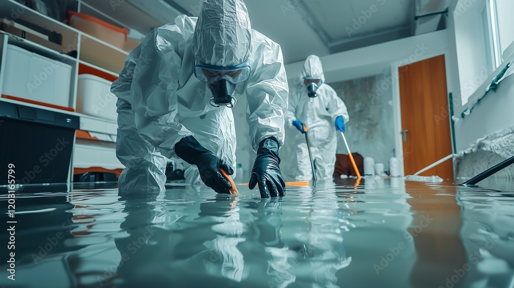 Obraz premium Workers in protective suits clean flooded room, symbolizing resilience and recovery.