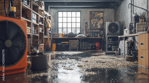 Industrial fans in a room for flood cleanup, drying wet floors.