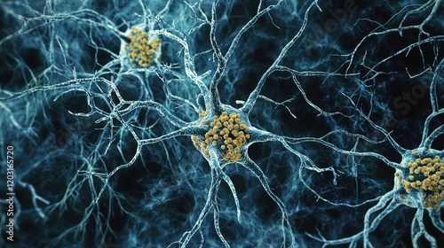 Neurons with tangled tau proteins, illustrating tauopathy's impact on brain function.