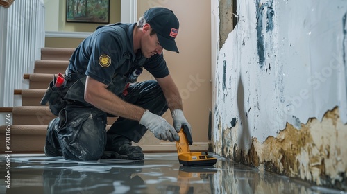 Technician repairing water-damaged wall, showcasing water mitigation efforts.