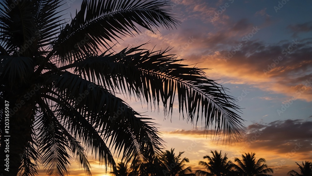 Palm trees at sunset . A silhouetted palm tree is featured against a vibrant sunset sky.