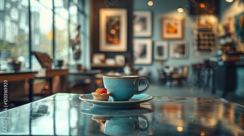 Cozy Coffee Shop Scene Featuring Cup of Coffee and Dessert Treat