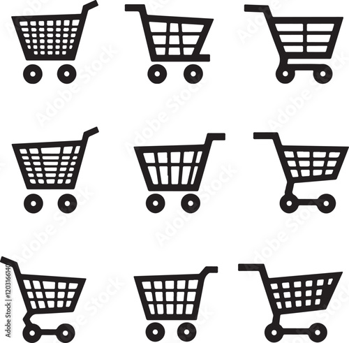 Pixel perfect thin line icon set of shopping cart trolley basket. Isolated on a transparent background. Simple flat design