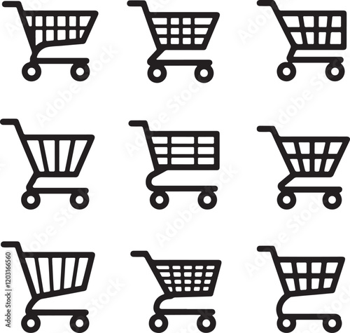 Pixel perfect thin line icon set of shopping cart trolley basket. Isolated on a transparent background. Simple flat design