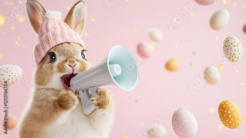 A charming brown and white rabbit wearing a soft pink knit hat holds a megaphone on a pastel pink background. Playful painted Easter eggs are floating around, creating a festive and cheerful