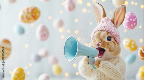 A festive rabbit wearing a pink knit hat holds a megaphone, surrounded by vibrant Easter eggs against a soft pastel background. The whimsical scene embodies celebration and holiday spirit