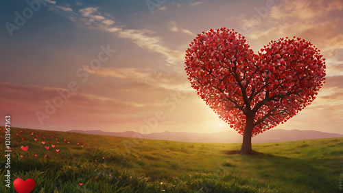 Autumn forest with heart-shaped trees and colorful leaves in a tranquil landscape.
