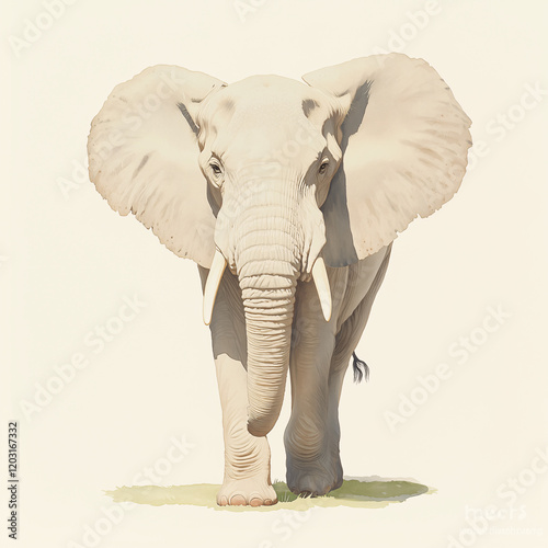 Majestic Albino Elephant Portrait: A powerful and serene albino elephant walks directly toward the viewer, its ivory tusks and pale skin creating a striking contrast against the muted background. photo