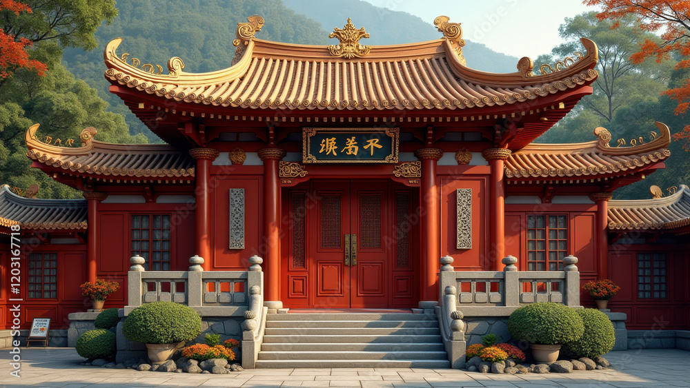 Chinese Temple, Asian Architecture, Red Gate - Peaceful and serene . Chinese Temple, Asian Architecture, Red Gate - Peaceful and serene .