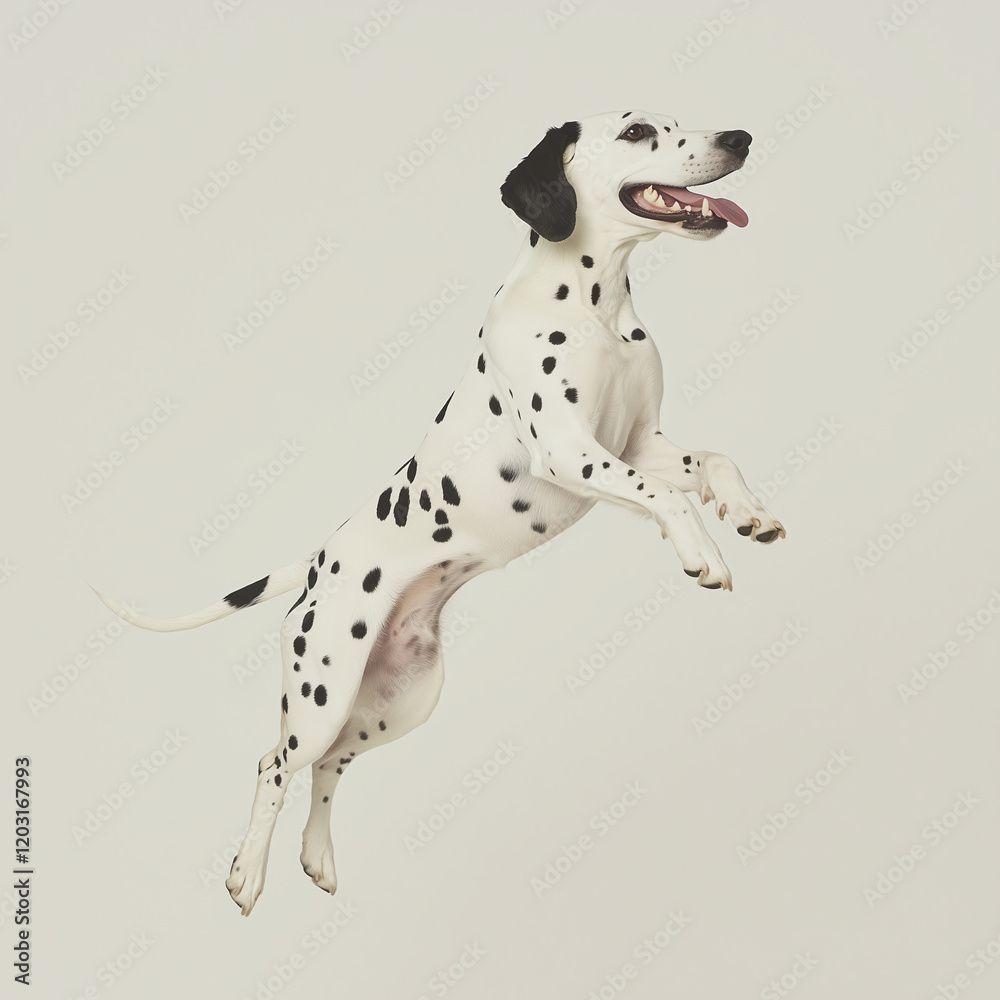 Dalmatian in Mid-Air: A vibrant Dalmatian dog, showcasing its distinctive black spots against a white coat, leaps joyfully, capturing a moment of pure canine energy and playful exuberance. Dalmatian in Mid-Air: A vibrant Dalmatian dog, showcasing its distinctive black spots against a white coat, leaps joyfully, capturing a moment of pure canine energy and playful exuberance.