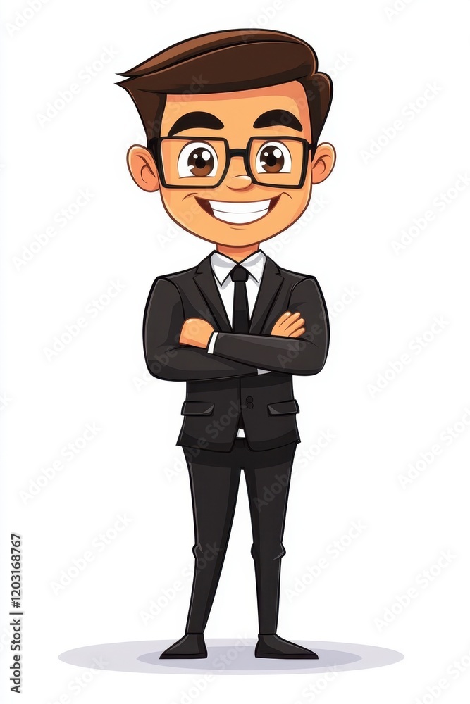 Cartoon businessman in black suit smiling Cartoon businessman in black suit smiling