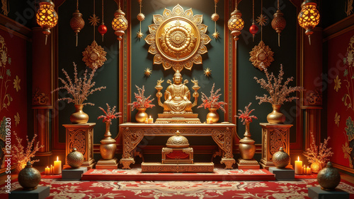 Golden Buddha Shrine, Asian Temple Interior - 3D renders and digita. photo