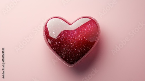 Glossy red heart on pink background
