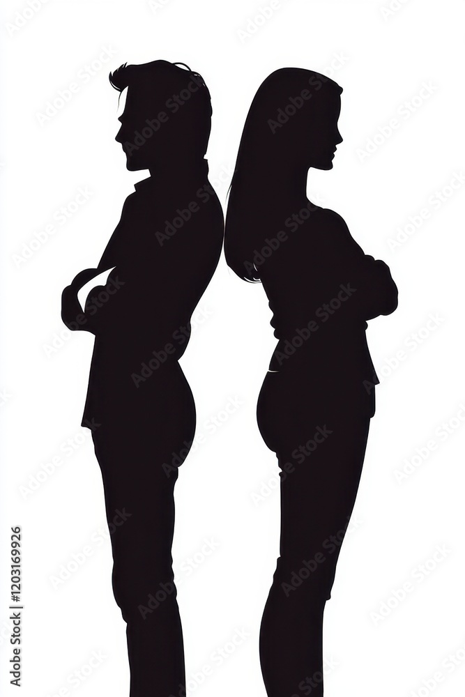 Man and woman standing back to back in disagreement Man and woman standing back to back in disagreement