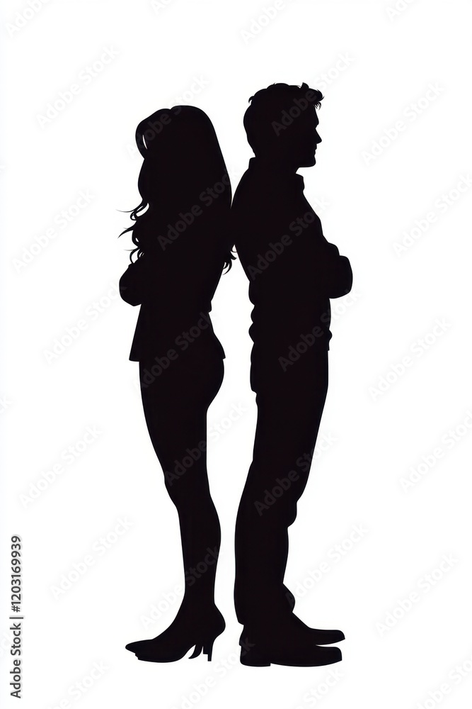 Man and woman standing back to back in disagreement Man and woman standing back to back in disagreement