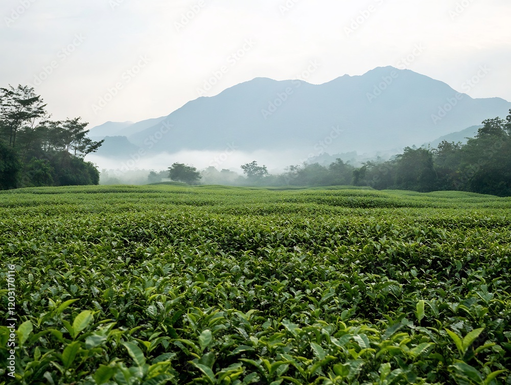 Serene misty morning illuminates lush green tea plantation stretching towards distant mountains. AI Generated Serene misty morning illuminates lush green tea plantation stretching towards distant mountains. AI Generated