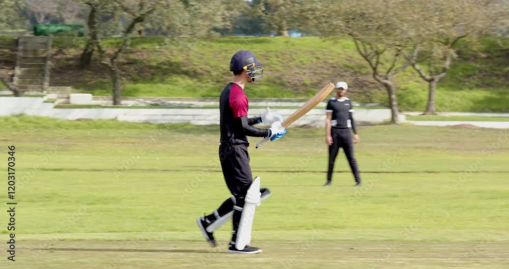 Two teams of multiracial male cricket players playing cricket, batter hitting ball with bat on pitch Two teams of multiracial male cricket players playing cricket, batter hitting ball with bat on pitch