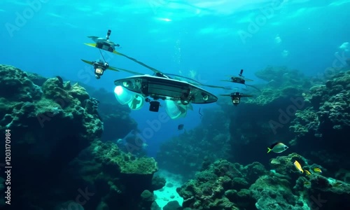 Wallpaper Mural Advanced underwater drone capturing stunning coral reef images in a vibrant marine ecosystem. Torontodigital.ca