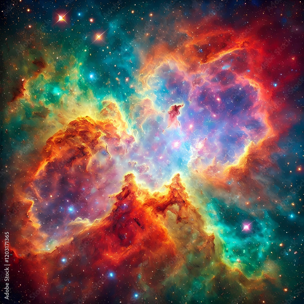 Fototapeta premium The image is made up of swirling clouds of gas and dust in shades of red, orange, yellow, green, blue, and purple. The colors are highly saturated, giving the image a dramatic and otherworldly appeara