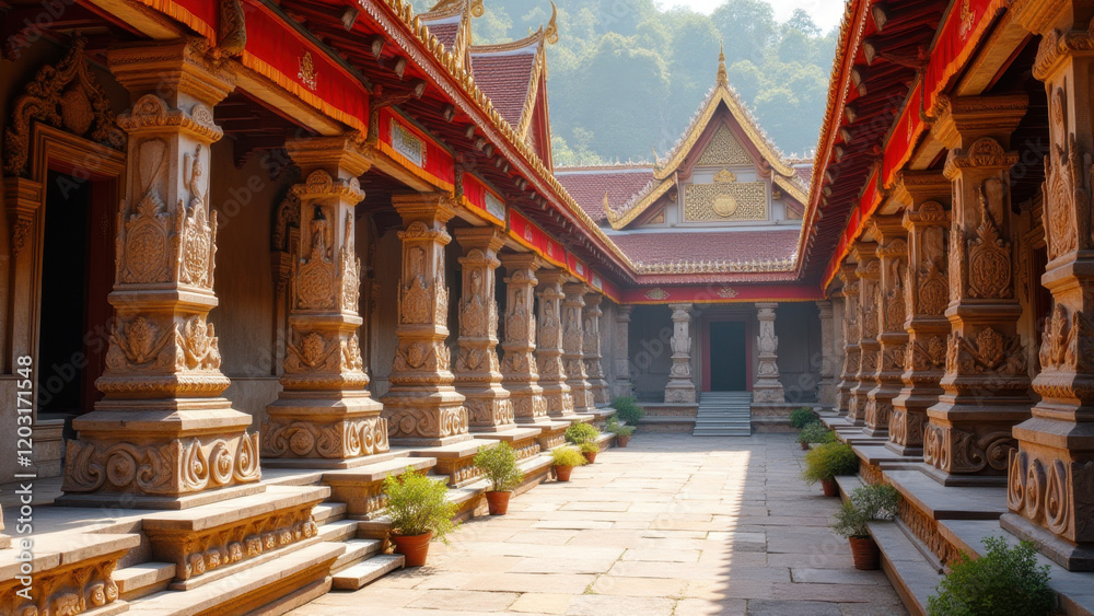 Obraz premium Intricate Asian Temple Architecture Columns - Architectural Detail.