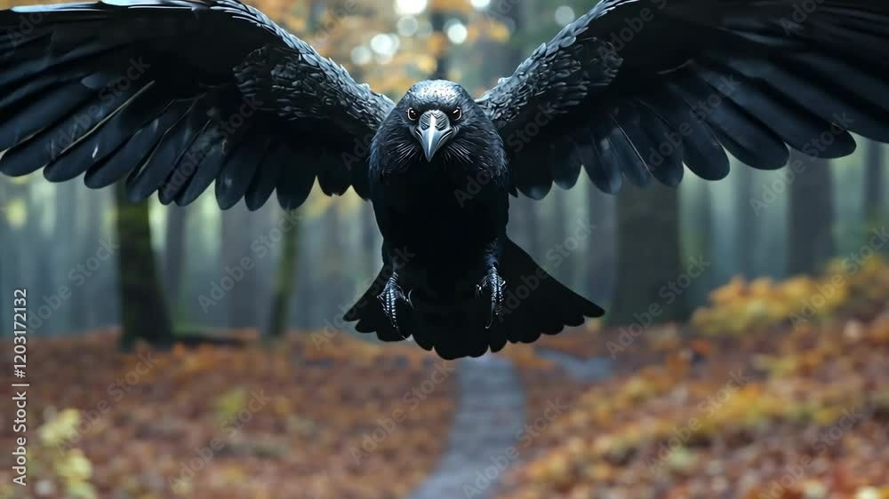Big scary raven soars misty forest, wings fully spread. Dark black feathers. Mystery dangerous crow. Corbie attacks prey. Beautiful rook bird. Loss and ill omen concept. Prophecy and insight symbol.