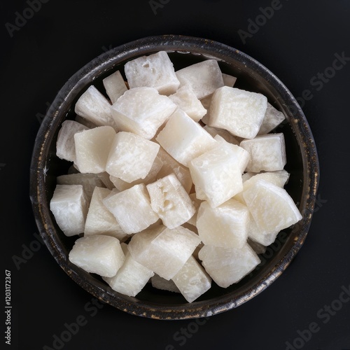 Small amount of large and thin snow white yam cubes on the side of a container, top view, black background, high resolution, potential usecase for food or culinary related images