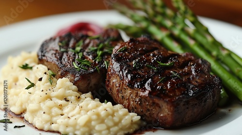 Wallpaper Mural Beautifully plated dish featuring grilled lamb chops served alongside creamy risotto and charred asparagus showcasing tender meat and fresh vegetables on a sophisticated dinner plate Torontodigital.ca