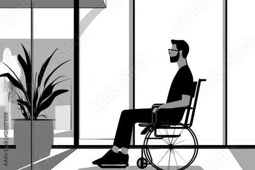 Bearded man in wheelchair indoors illustration	 photo