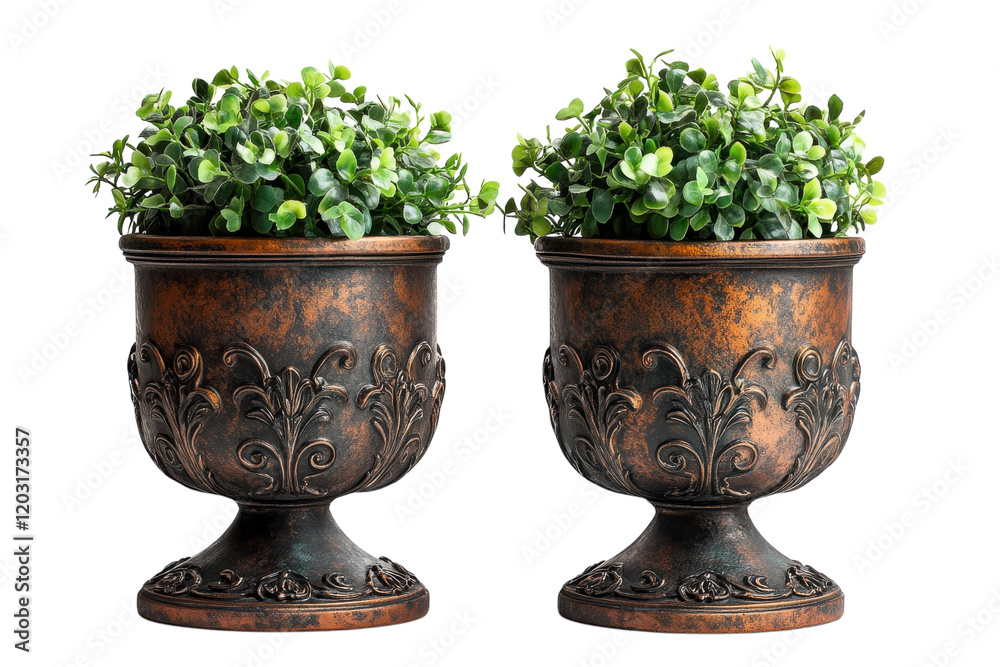 Decorative bronze planters with lush greenery adorn a stylish tabletop in a modern interior setting