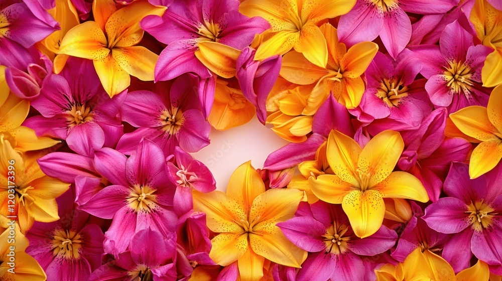 Vibrant pink and yellow lily petals arranged in a frame with a blank center. Vibrant pink and yellow lily petals arranged in a frame with a blank center.