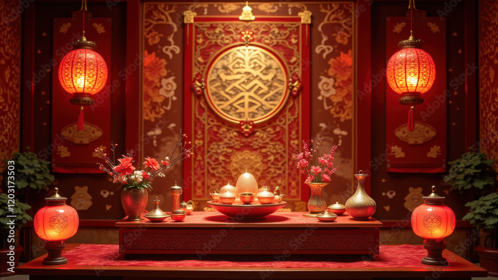 Fototapeta premium Luxurious Chinese New Year Altar Decor - Cultural celebrations
