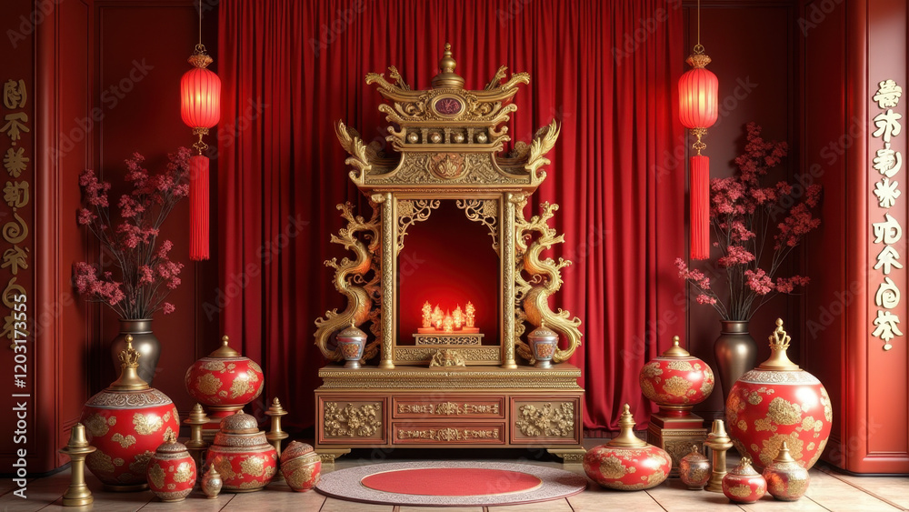 Fototapeta premium Luxurious Red & Gold Chinese Altar Shrine - Cultural celebrations (.