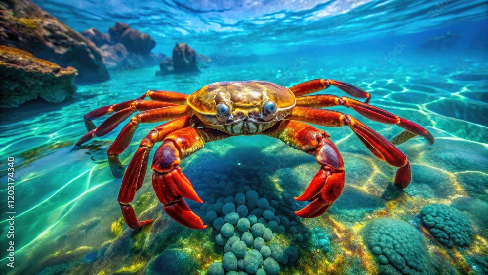 Stunning Drone Photography of Sally Lightfoot Crab in Crystal Clear Water, Capturing Vibrant Colors and Marine Life in Galapagos Islands, Ideal for Nature Enthusiasts and Wildlife Lovers Stunning Drone Photography of Sally Lightfoot Crab in Crystal Clear Water, Capturing Vibrant Colors and Marine Life in Galapagos Islands, Ideal for Nature Enthusiasts and Wildlife Lovers