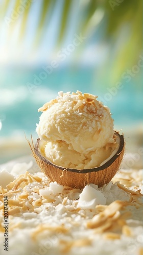 Tropical Coconut Ice Cream in Coconut Shell on Beach photo