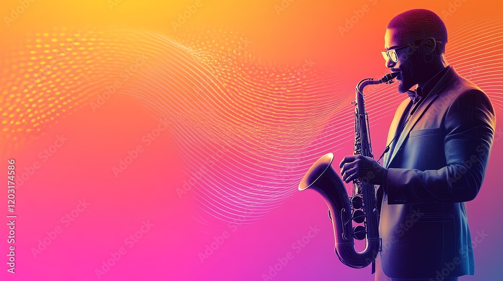 Fototapeta premium Saxophonist Silhouette: Vibrant Jazz Artwork with Abstract Waves