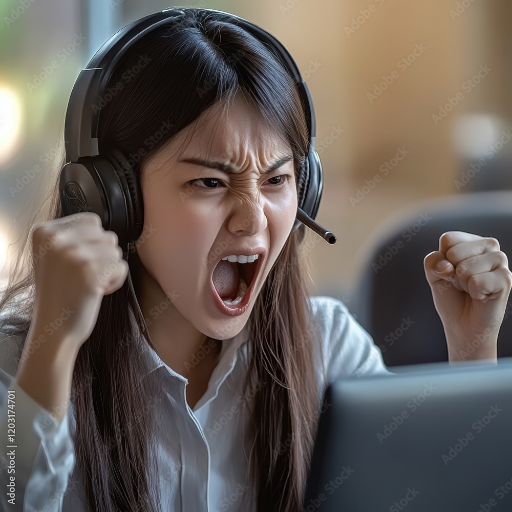 Angry woman with headset shouting at screen