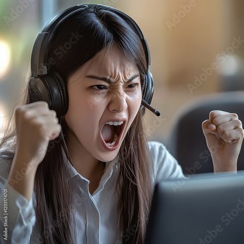 Obraz na płótnie Angry woman with headset shouting at screen w salonie