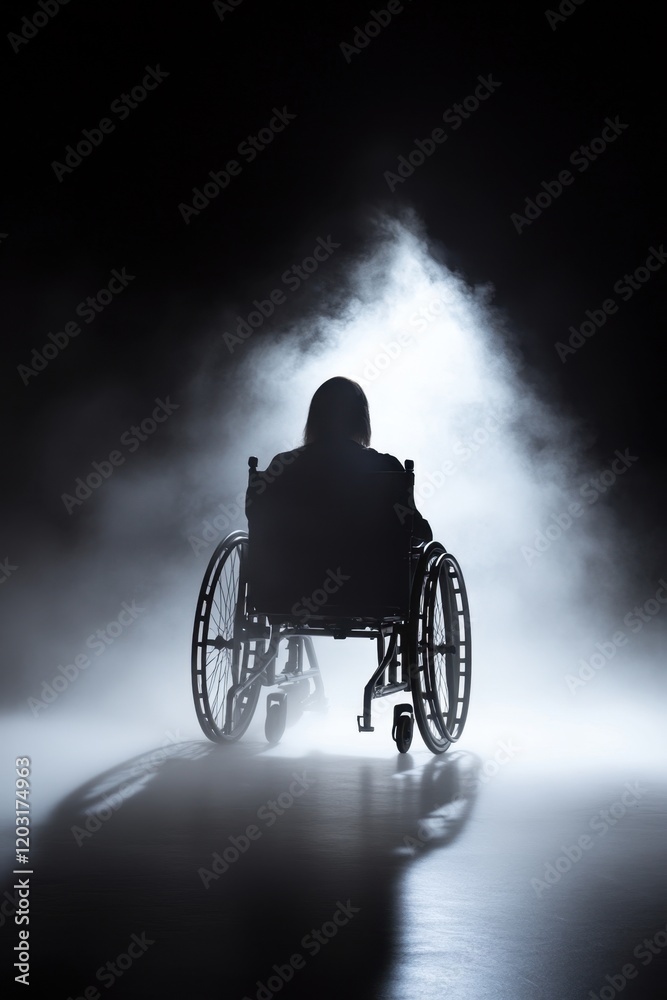 Person in wheelchair under spotlight in dark atmosphere