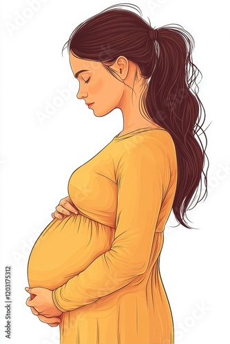 Pregnant woman in yellow dress side view	 photo