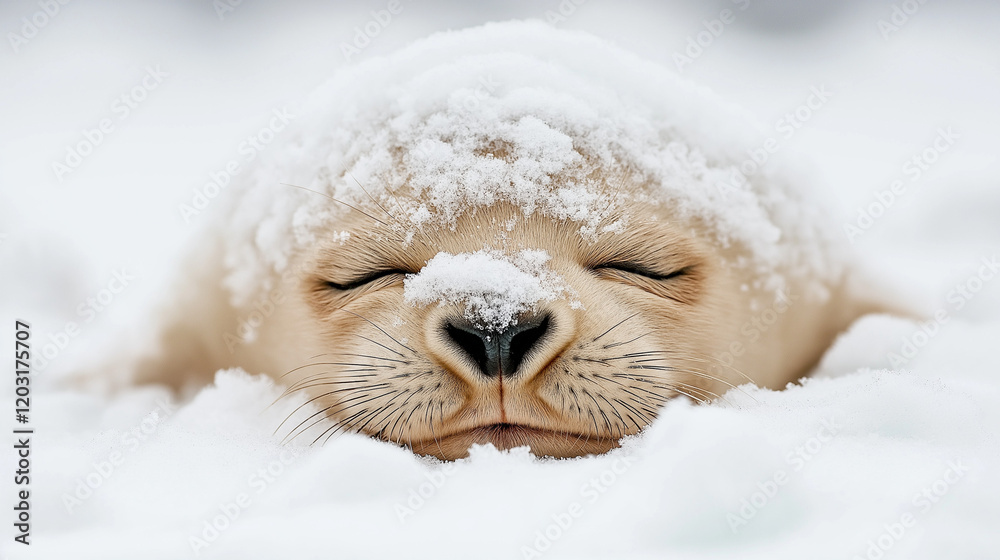 Seal resting in snow with eyes closed Seal resting in snow with eyes closed