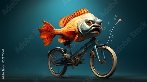 A whimsical surreal depicting a goofy looking fish riding a bicycle underwater in a vibrant colorful marine environment showcasing a unique and imaginative concept