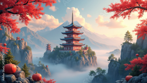 Serene Autumn Pagoda in Misty Mountains - Asian-inspired art
