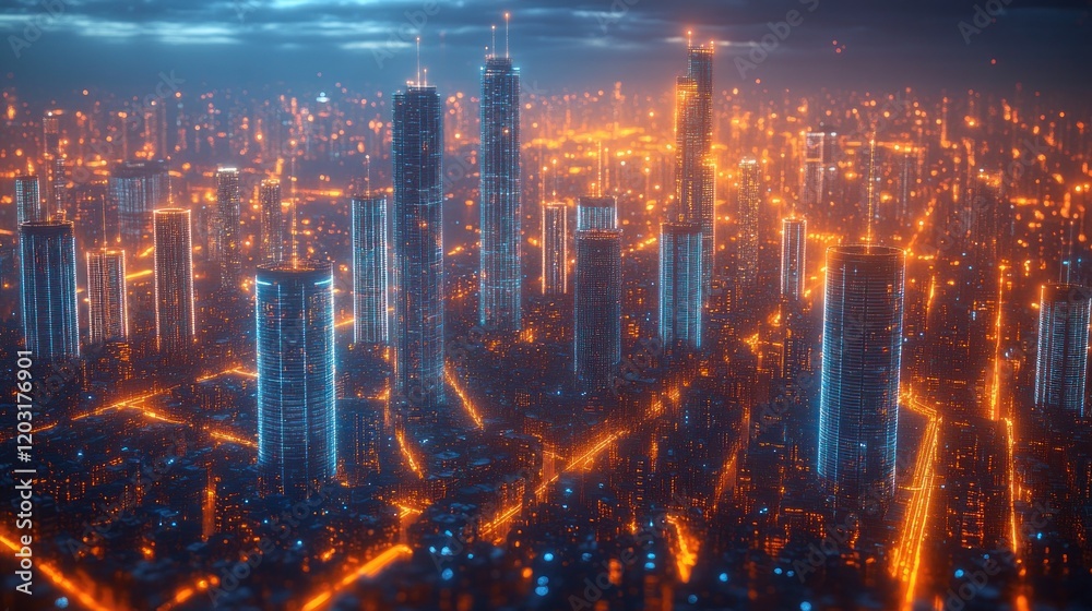 Fototapeta premium Futuristic city skyline at night, illuminated with orange and blue lights.