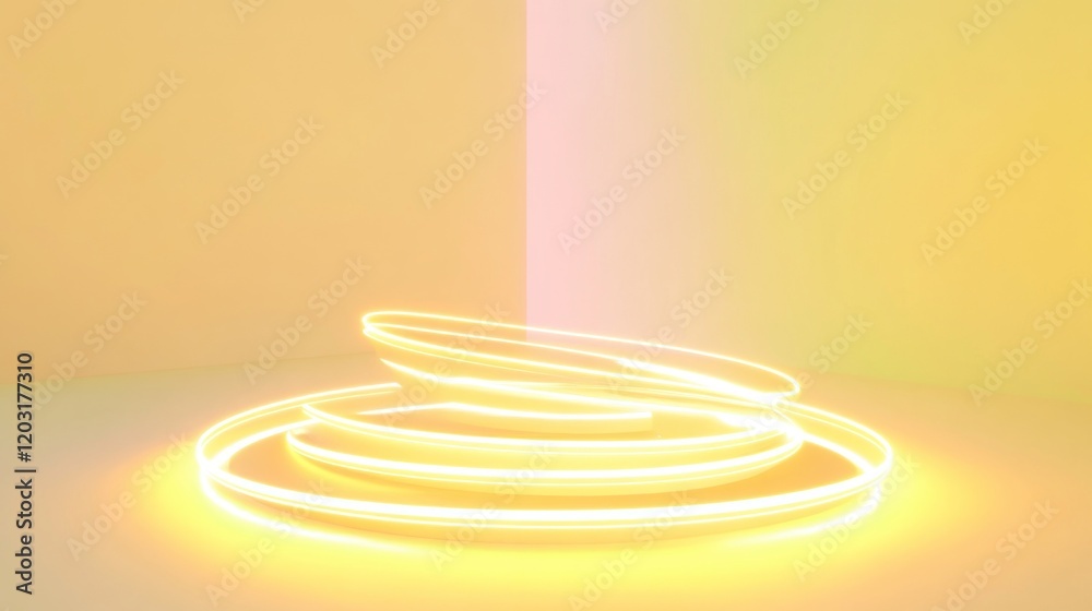 Obraz premium A minimalist design featuring softly glowing light trails in a 3D isometric spiral on a pastel yellow surface