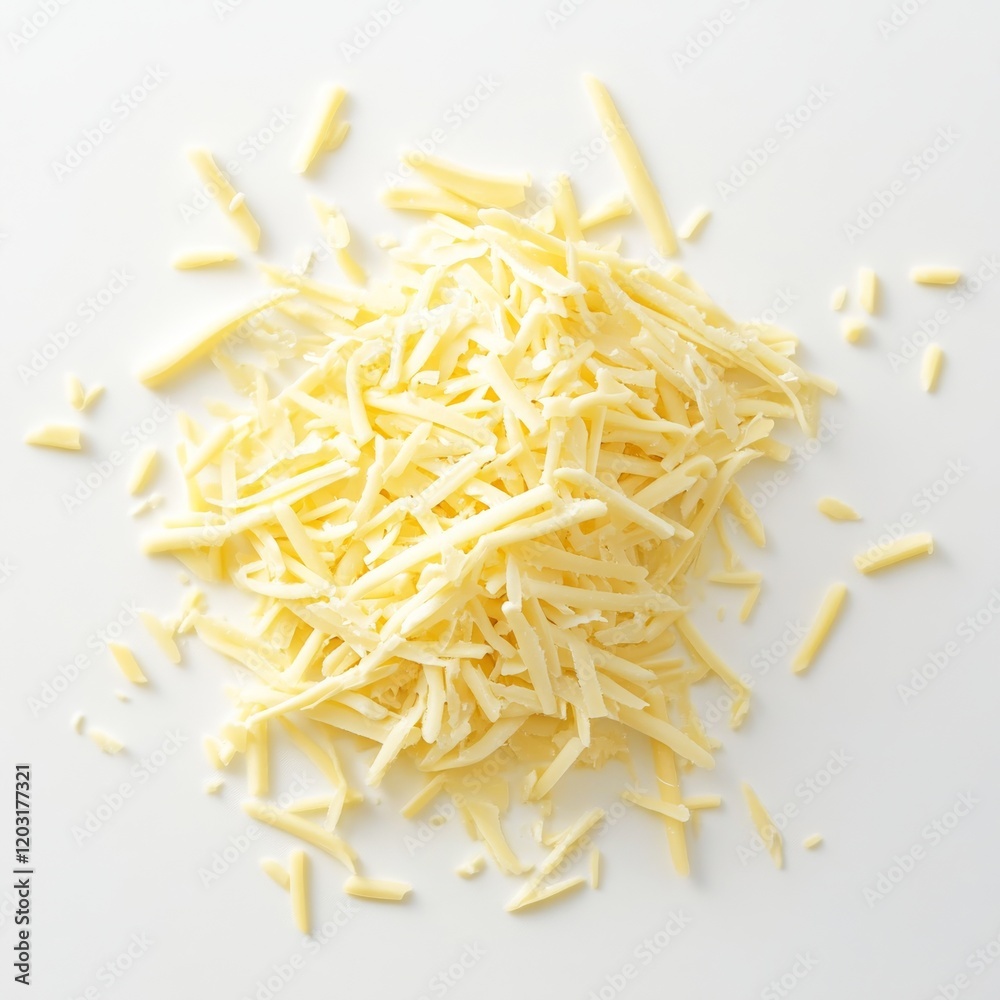 Shredded Cheese Spread on White Background, Overhead View, Perfect for Food or Recipe Images Shredded Cheese Spread on White Background, Overhead View, Perfect for Food or Recipe Images
