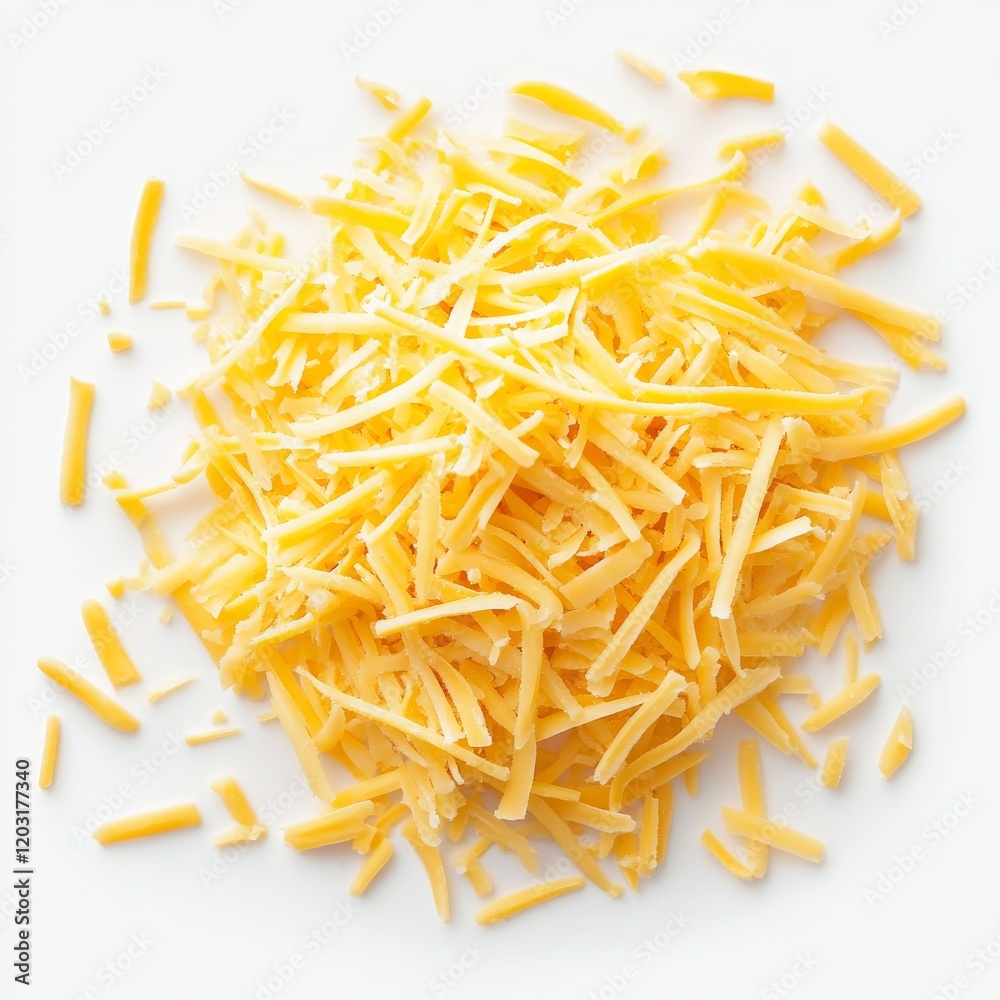 Shredded Cheese Spread on White Background, Overhead View, Perfect for Food or Recipe Images Shredded Cheese Spread on White Background, Overhead View, Perfect for Food or Recipe Images
