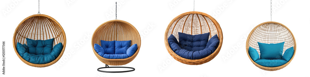 Fototapeta premium Cozy and comfortable hanging rattan or wicker chairs that provide a relaxing and calming atmosphere for indoor and outdoor living spaces such as living rooms bedrooms patios balconies and terraces