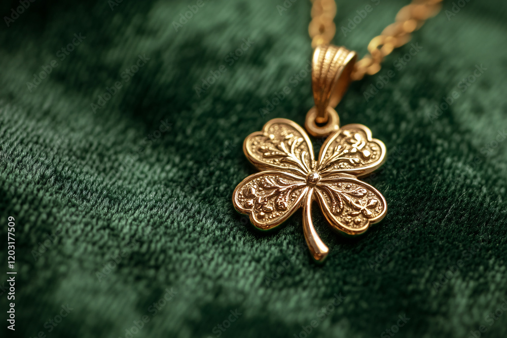 Close up of golden necklace in shape of four leaved clover. Symbol for luck Close up of golden necklace in shape of four leaved clover. Symbol for luck